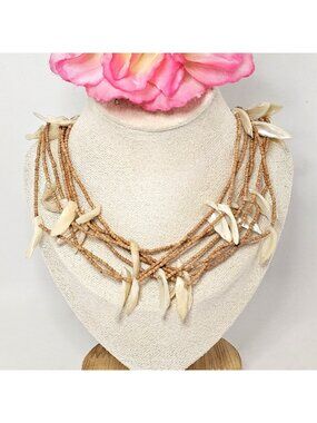 Vintage Multi-Strand Seashell & Wood Bead Necklace Boho Choker Coastal Jewelry